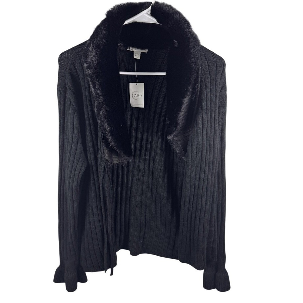 Cato Cardigan Sweater Womens 14/16W Plus Black Faux Fur Collar Open Front Knit